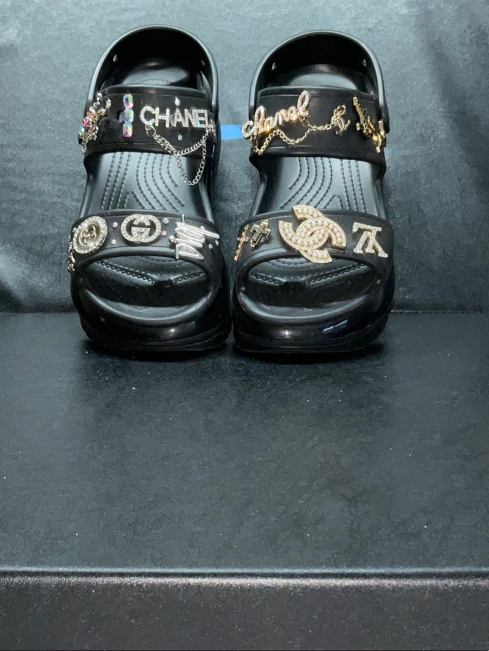 CROCS Black Platform Jelly Slide Sandals with Gold & Silver Charms